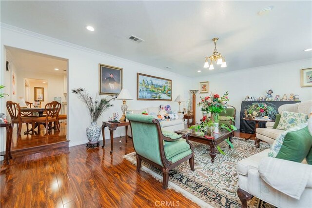 1855 Turnbull Canyon Rd, Hacienda Heights, CA 91745 - living area featuring a chandelier, crown molding, wood finished floors, recessed lighting, and baseboards
