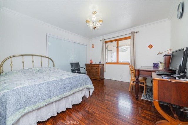 1855 Turnbull Canyon Rd, Hacienda Heights, CA 91745 - bedroom featuring wood finished floors, a chandelier, ornamental molding, an office area, and a closet