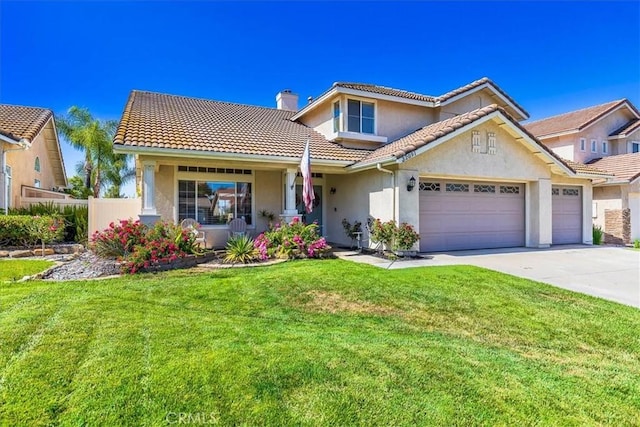 32091 Camino Nunez, Temecula, CA 92592 - view of front of property featuring stucco siding, a chimney, a garage, a tiled roof, and driveway