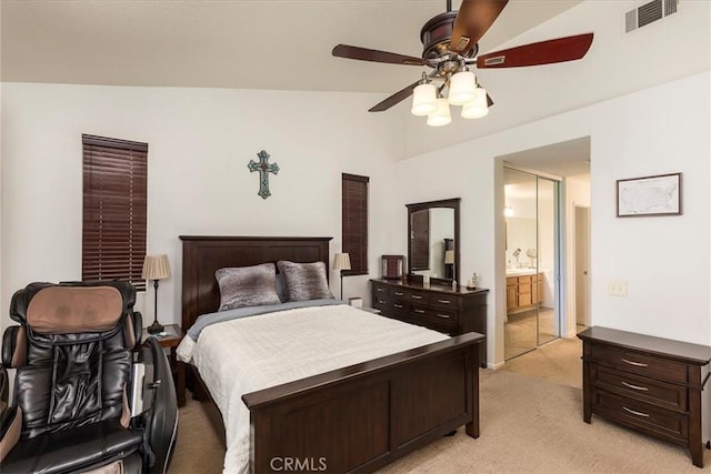 32091 Camino Nunez, Temecula, CA 92592 - bedroom with light colored carpet, connected bathroom, and ceiling fan