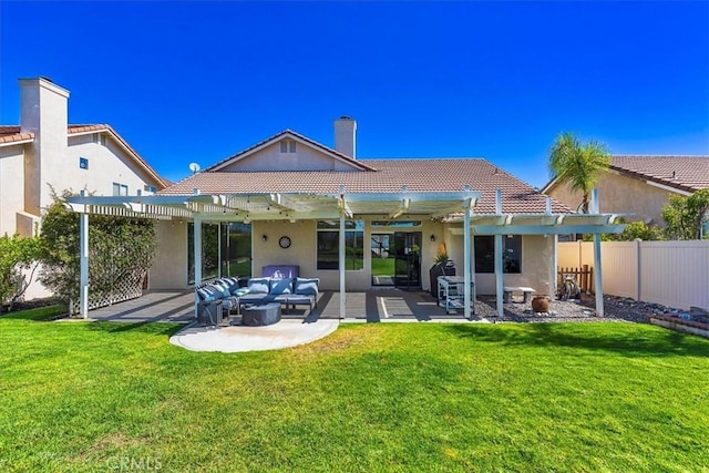 32091 Camino Nunez, Temecula, CA 92592 - rear view of property featuring a pergola, a tiled roof, a patio area, stucco siding, and a chimney