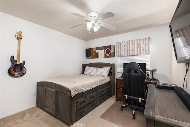32091 Camino Nunez, Temecula, CA 92592 - bedroom featuring light colored carpet, an office area, and a ceiling fan