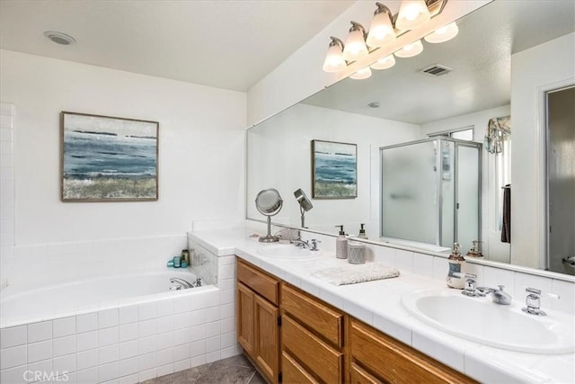 32091 Camino Nunez, Temecula, CA 92592 - full bathroom featuring a garden tub, a shower stall, double vanity, and tile patterned flooring