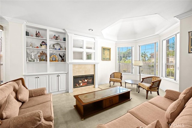 1526 S 2nd Ave, Arcadia, CA 91006 - carpeted living area with a fireplace, a tray ceiling, ornamental molding, and built in features