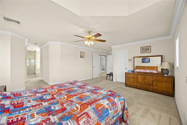 1526 S 2nd Ave, Arcadia, CA 91006 - carpeted bedroom with ornamental molding, ensuite bath, and a ceiling fan
