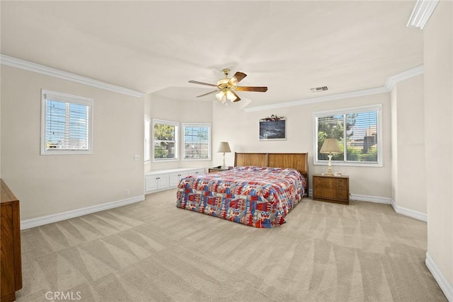 1526 S 2nd Ave, Arcadia, CA 91006 - bedroom with light colored carpet, crown molding, multiple windows, and a ceiling fan