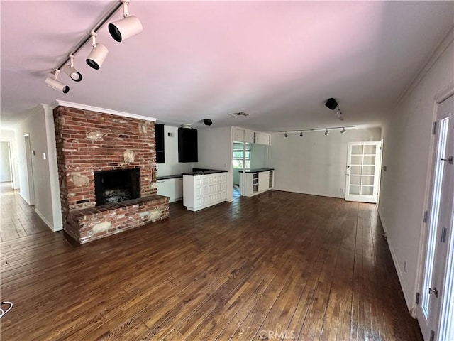 14655 Morrison St, Sherman Oaks, CA 91403 - unfurnished living room with rail lighting, dark wood-style flooring, and a fireplace