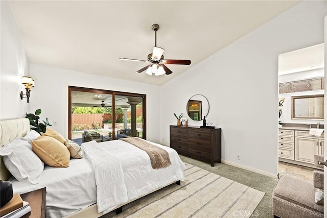 925 Calle Hermosa, San Dimas, CA 91773 - bedroom featuring light colored carpet, lofted ceiling, access to outside, and ceiling fan