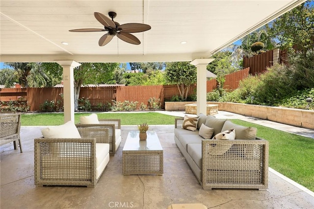 925 Calle Hermosa, San Dimas, CA 91773 - fenced backyard with ceiling fan, an outdoor living space, and a patio