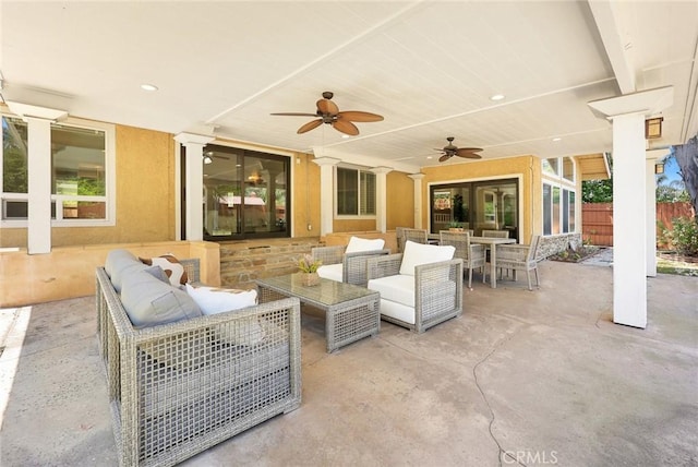 925 Calle Hermosa, San Dimas, CA 91773 - view of patio featuring an outdoor hangout area, a ceiling fan, and outdoor dining space