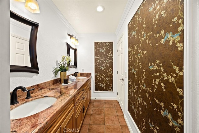 925 Calle Hermosa, San Dimas, CA 91773 - full bathroom with double vanity, crown molding, and tile patterned floors
