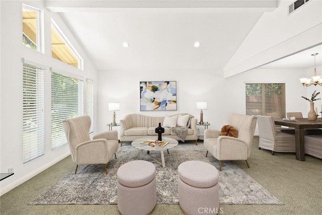 925 Calle Hermosa, San Dimas, CA 91773 - living room with carpet flooring, a chandelier, high vaulted ceiling, and recessed lighting