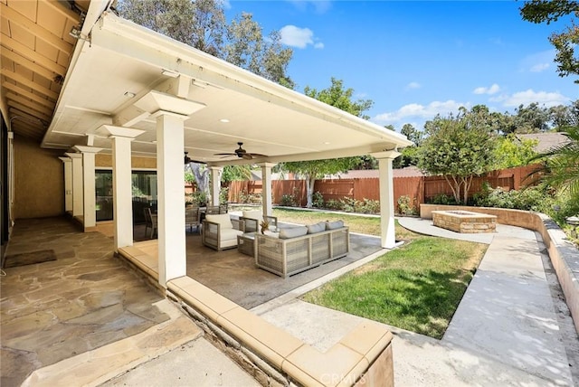 925 Calle Hermosa, San Dimas, CA 91773 - fenced backyard with ceiling fan, an outdoor living space, and a patio area