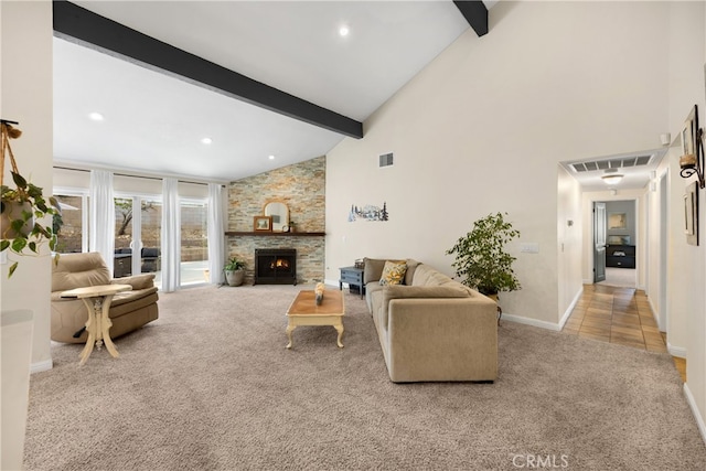 251 Miramar St, Upland, CA 91784 - living room featuring carpet flooring, beam ceiling, baseboards, high vaulted ceiling, and a fireplace