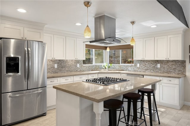 251 Miramar St, Upland, CA 91784 - kitchen featuring appliances with stainless steel finishes, island range hood, white cabinets, and recessed lighting