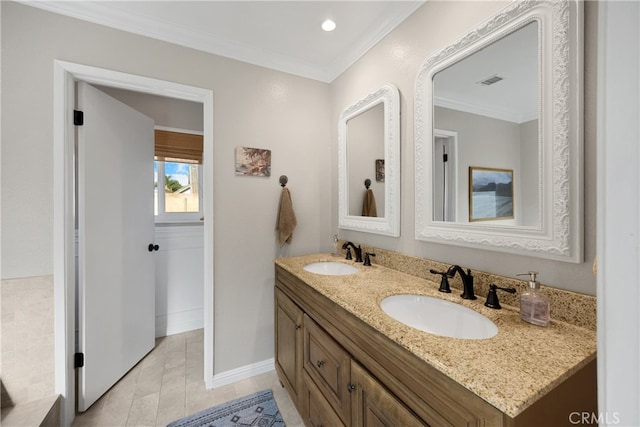 251 Miramar St, Upland, CA 91784 - bathroom with double vanity, ornamental molding, baseboards, and tile patterned floors