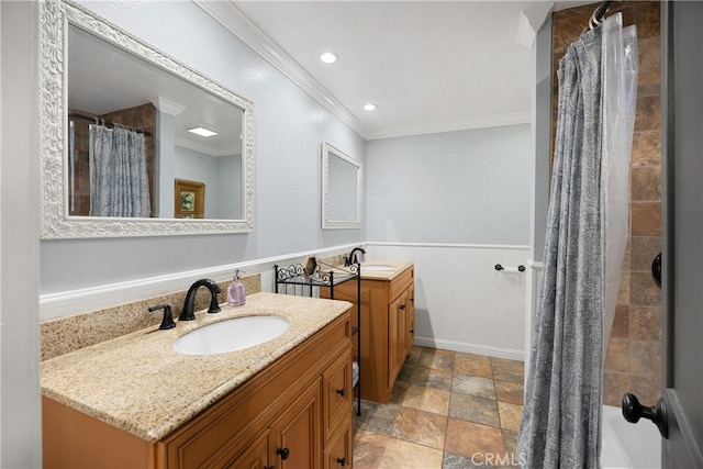 251 Miramar St, Upland, CA 91784 - full bath with crown molding, stone finish flooring, two vanities, a shower with curtain, and recessed lighting