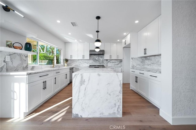 27591 Cenajo, Mission Viejo, CA 92691 - kitchen featuring open shelves, tasteful backsplash, white cabinetry, and recessed lighting