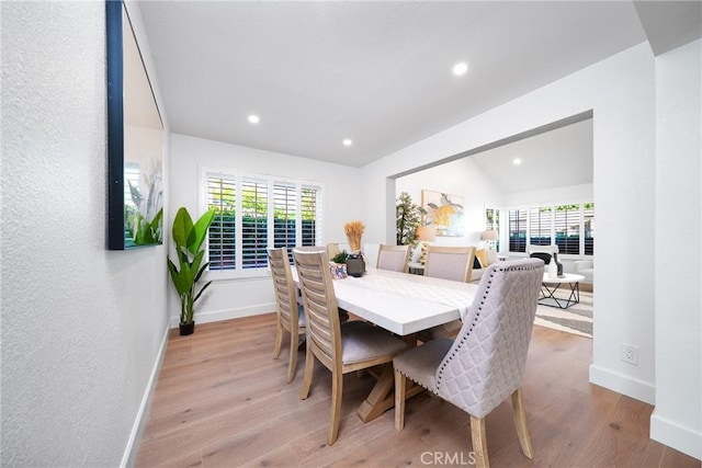 27591 Cenajo, Mission Viejo, CA 92691 - dining room with light wood-style flooring, baseboards, plenty of natural light, recessed lighting, and lofted ceiling