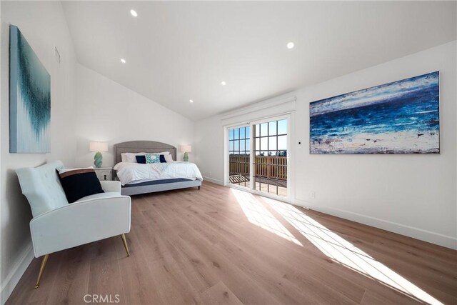 27591 Cenajo, Mission Viejo, CA 92691 - bedroom with access to outside, light wood-type flooring, vaulted ceiling, baseboards, and recessed lighting