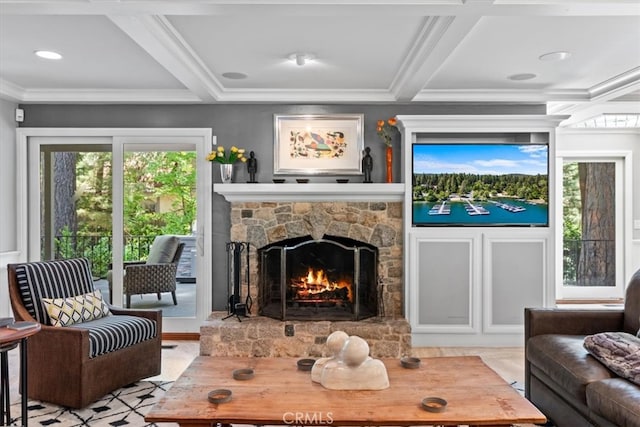27833 Hamiltair Dr, Lake Arrowhead, CA 92352 - living area with coffered ceiling, a stone fireplace, ornamental molding, and beam ceiling