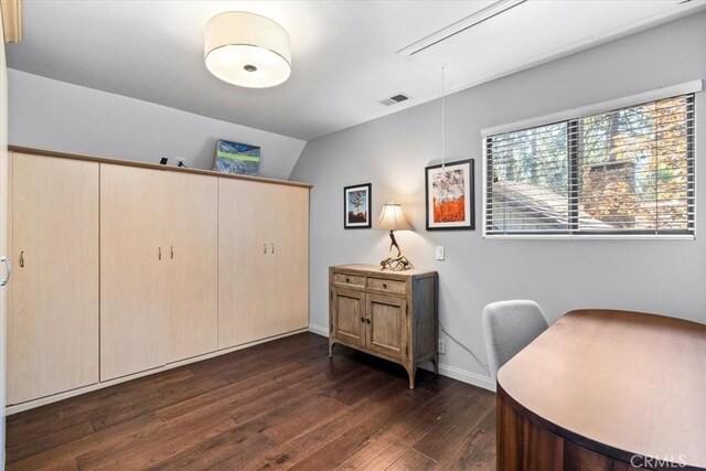 27833 Hamiltair Dr, Lake Arrowhead, CA 92352 - office space featuring attic access, dark wood finished floors, baseboards, and lofted ceiling