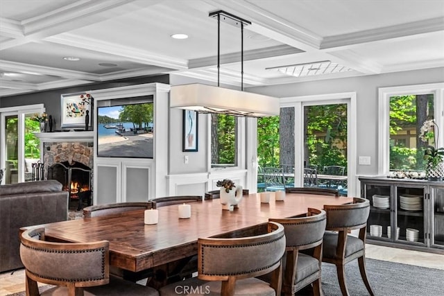 27833 Hamiltair Dr, Lake Arrowhead, CA 92352 - dining space featuring coffered ceiling, a stone fireplace, beam ceiling, ornamental molding, and recessed lighting