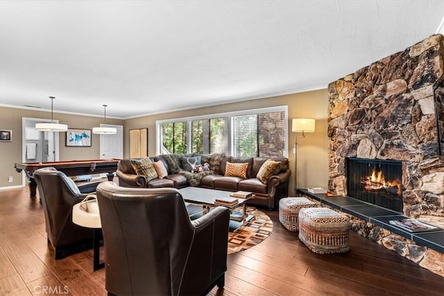 27833 Hamiltair Dr, Lake Arrowhead, CA 92352 - living area featuring pool table, hardwood / wood-style flooring, a fireplace, and crown molding