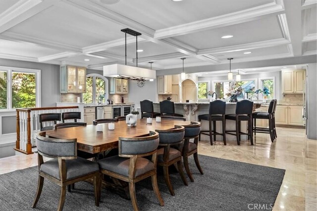27833 Hamiltair Dr, Lake Arrowhead, CA 92352 - dining space with coffered ceiling, healthy amount of natural light, recessed lighting, beam ceiling, and crown molding