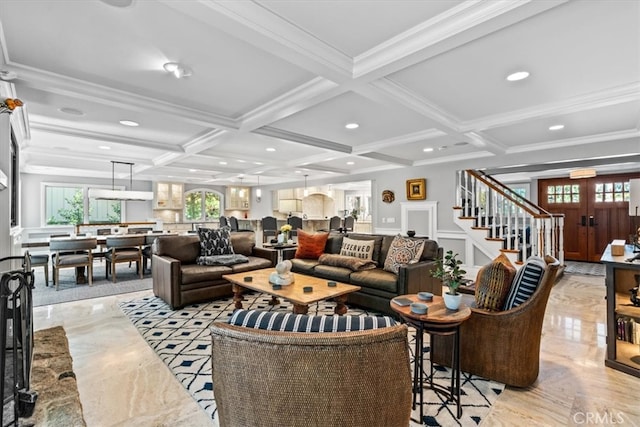 27833 Hamiltair Dr, Lake Arrowhead, CA 92352 - living room featuring coffered ceiling, stairs, healthy amount of natural light, beam ceiling, and french doors