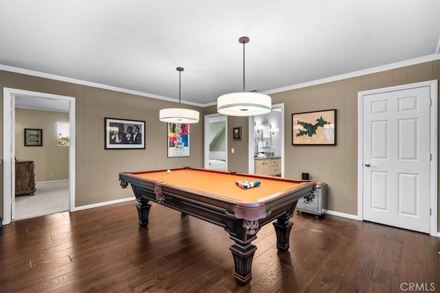 27833 Hamiltair Dr, Lake Arrowhead, CA 92352 - playroom with baseboards, dark wood-style flooring, crown molding, and pool table