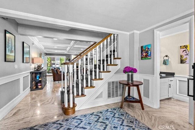 27833 Hamiltair Dr, Lake Arrowhead, CA 92352 - stairs with a decorative wall, ornamental molding, coffered ceiling, and wainscoting