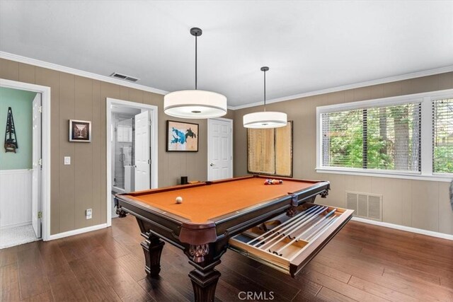 27833 Hamiltair Dr, Lake Arrowhead, CA 92352 - rec room featuring wood-type flooring, crown molding, billiards table, and baseboards