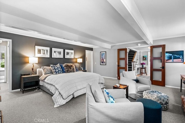 27833 Hamiltair Dr, Lake Arrowhead, CA 92352 - bedroom with carpet, baseboards, beam ceiling, and ornamental molding