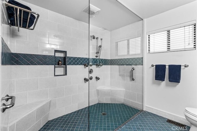 27833 Hamiltair Dr, Lake Arrowhead, CA 92352 - full bathroom with toilet, tiled shower, tile patterned floors, and baseboards
