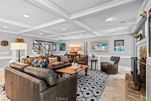 27833 Hamiltair Dr, Lake Arrowhead, CA 92352 - living area with stairs, coffered ceiling, recessed lighting, a fireplace, and beamed ceiling