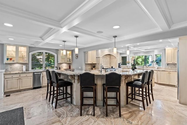 27833 Hamiltair Dr, Lake Arrowhead, CA 92352 - kitchen with tasteful backsplash, coffered ceiling, recessed lighting, a kitchen bar, and glass insert cabinets