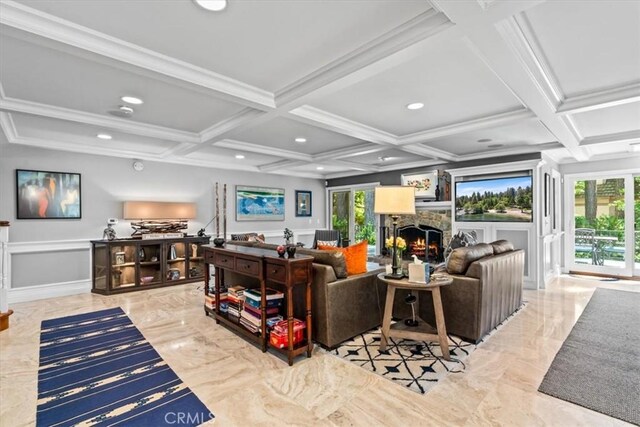 27833 Hamiltair Dr, Lake Arrowhead, CA 92352 - living area with coffered ceiling, a fireplace, plenty of natural light, marble tiled floors, and recessed lighting