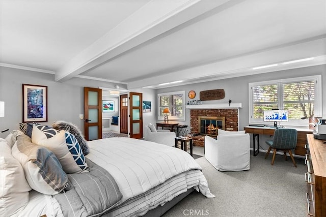 27833 Hamiltair Dr, Lake Arrowhead, CA 92352 - bedroom featuring beam ceiling, multiple windows, carpet flooring, a brick fireplace, and an office area
