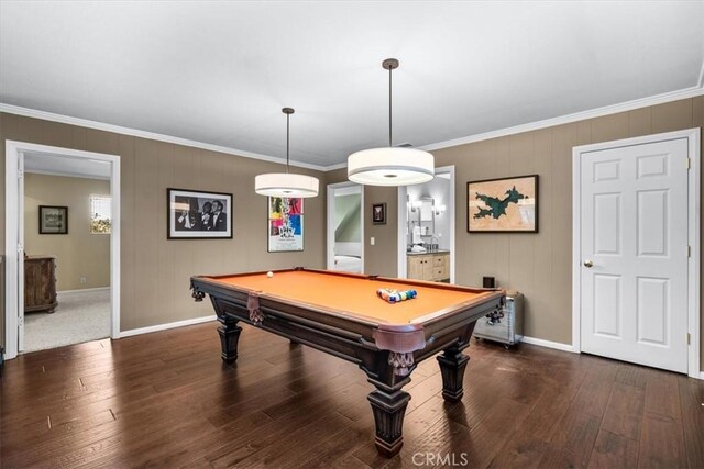 27833 Hamiltair Dr, Lake Arrowhead, CA 92352 - playroom featuring baseboards, dark wood-type flooring, ornamental molding, and billiards table