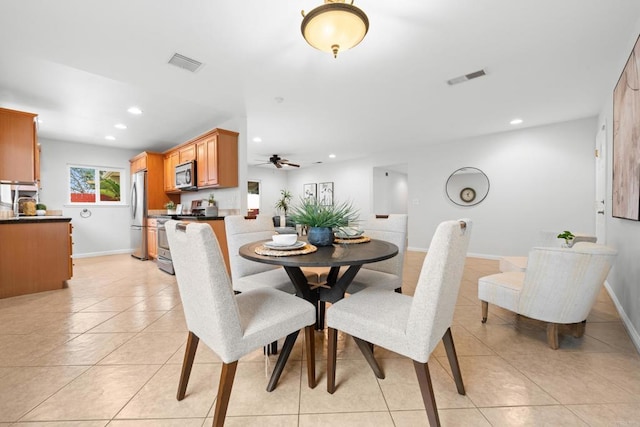 1409 Taft St, Escondido, CA 92026 - dining space with recessed lighting, light tile patterned floors, a ceiling fan, and baseboards