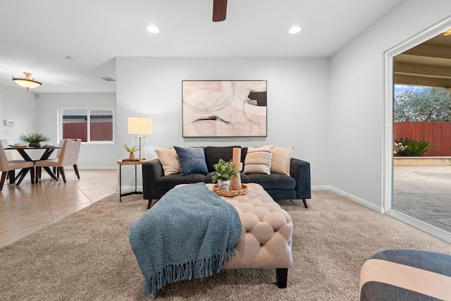1409 Taft St, Escondido, CA 92026 - tiled living area featuring healthy amount of natural light, baseboards, recessed lighting, ceiling fan, and carpet floors