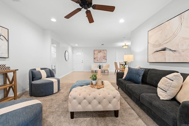 1409 Taft St, Escondido, CA 92026 - carpeted living room with recessed lighting, ceiling fan, baseboards, and tile patterned flooring