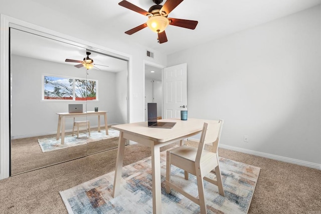 1409 Taft St, Escondido, CA 92026 - carpeted dining space featuring an office area, ceiling fan, and baseboards