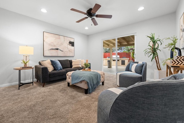 1409 Taft St, Escondido, CA 92026 - living room featuring recessed lighting, carpet floors, a ceiling fan, and baseboards