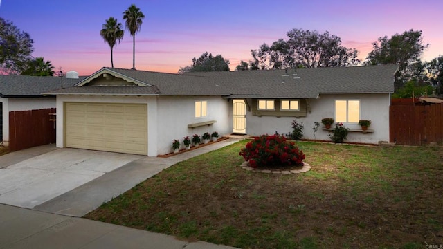 1409 Taft St, Escondido, CA 92026 - ranch-style home with an attached garage, concrete driveway, stucco siding, and roof with shingles