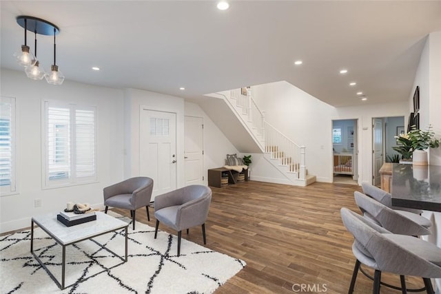 1792 Kenwood Pl, Costa Mesa, CA 92627 - living area featuring stairway, wood finished floors, recessed lighting, and healthy amount of natural light