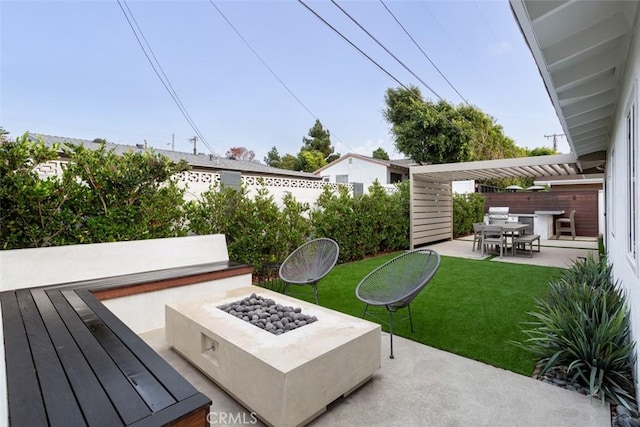 1792 Kenwood Pl, Costa Mesa, CA 92627 - fenced backyard with a fire pit, a patio, and a pergola