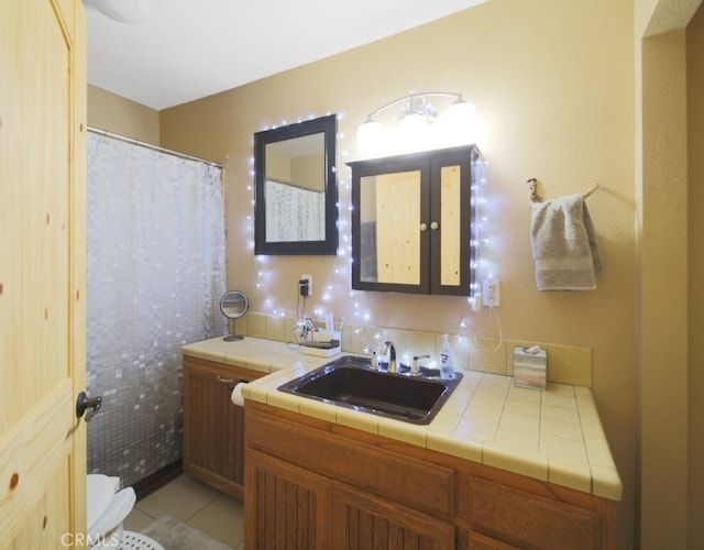 21645 Jobs Peak Rd, Cedarpines Park, CA 92322 - bathroom with vanity, tile patterned floors, toilet, and a shower with shower curtain