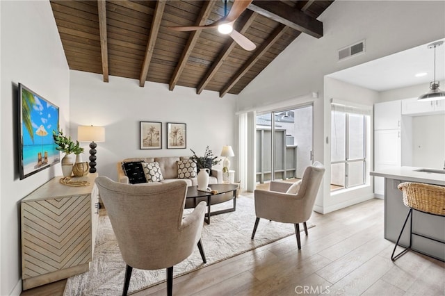 2900 S Greenville S Unit H, Santa Ana, CA 92704 - living area with wooden ceiling with exposed beams, light wood-type flooring, a ceiling fan, and high vaulted ceiling